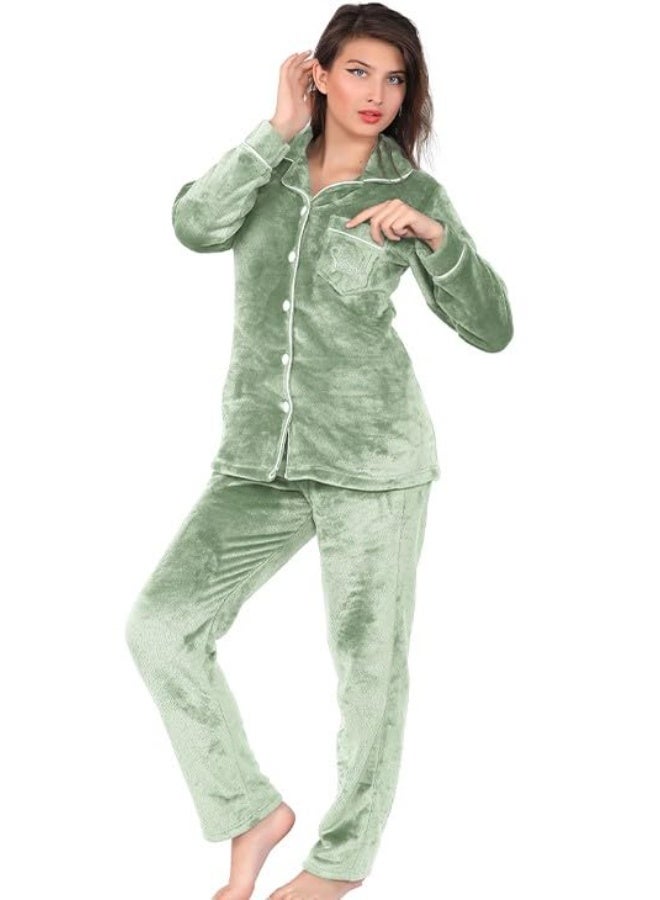 Dadoush Luxury women's fur pajama set, with front buttons and classic design - comfortable women's sleep pajamas, winter women's pajamas with buttons and long sleeves from Daadoush. - Image 1