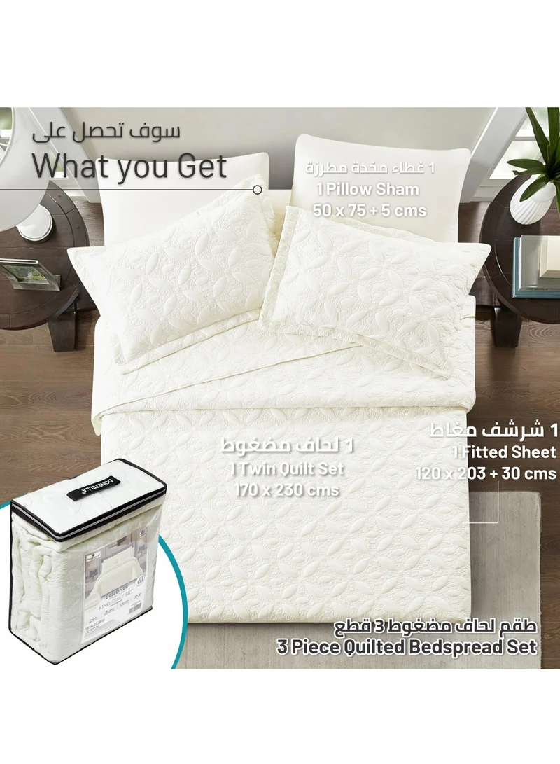 Donetella Quilt Set 3-Pcs Single Size Reversible Bedspread Coverlet Set Compressed Comforter Soft Bedding Cover With Matching Fitted Sheet Pillow Shams Pillow Cases Cream