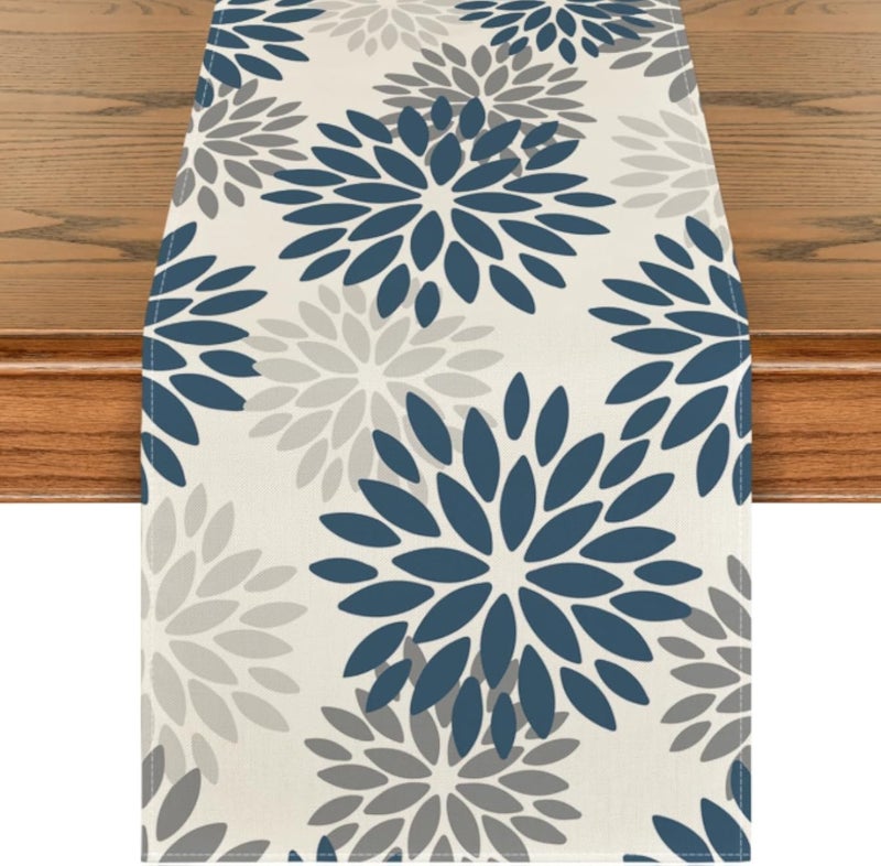 Velvet Floral Table Runner, Soft Linen Fabric, Machine Washable, Rectangular Design, 1 Piece, 45 x 190 cm, Blue x Grey, Dining Table Decoration for Home, Events and Special Occasions