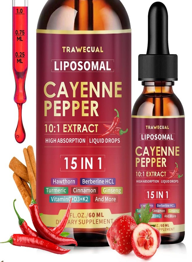 Trawecual 15 in1 Liposomal Cayenne Pepper Liquid Drops Supplement, with Vitamin D3 K2, Hawthorn, Berberine HCL, Beet Root, Turmeric, Cinnamon, Digestion, Circulatory Heath Support- 2 Fl Oz for 30 Days - Image 1