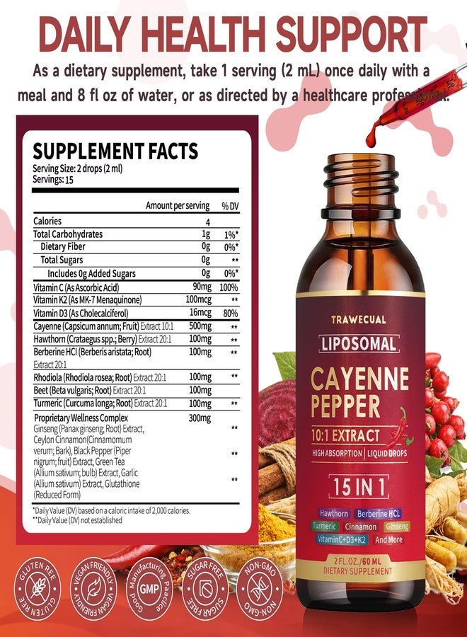 Trawecual 15 in1 Liposomal Cayenne Pepper Liquid Drops Supplement, with Vitamin D3 K2, Hawthorn, Berberine HCL, Beet Root, Turmeric, Cinnamon, Digestion, Circulatory Heath Support- 2 Fl Oz for 30 Days - Image 4