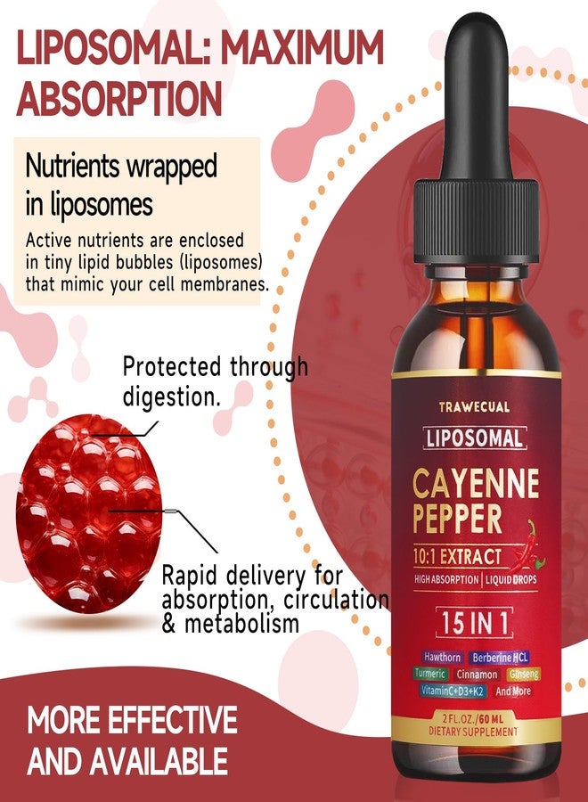 Trawecual 15 in1 Liposomal Cayenne Pepper Liquid Drops Supplement, with Vitamin D3 K2, Hawthorn, Berberine HCL, Beet Root, Turmeric, Cinnamon, Digestion, Circulatory Heath Support- 2 Fl Oz for 30 Days - Image 2