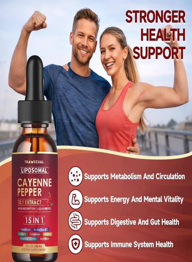 Trawecual 15 in1 Liposomal Cayenne Pepper Liquid Drops Supplement, with Vitamin D3 K2, Hawthorn, Berberine HCL, Beet Root, Turmeric, Cinnamon, Digestion, Circulatory Heath Support- 2 Fl Oz for 30 Days - Image 3