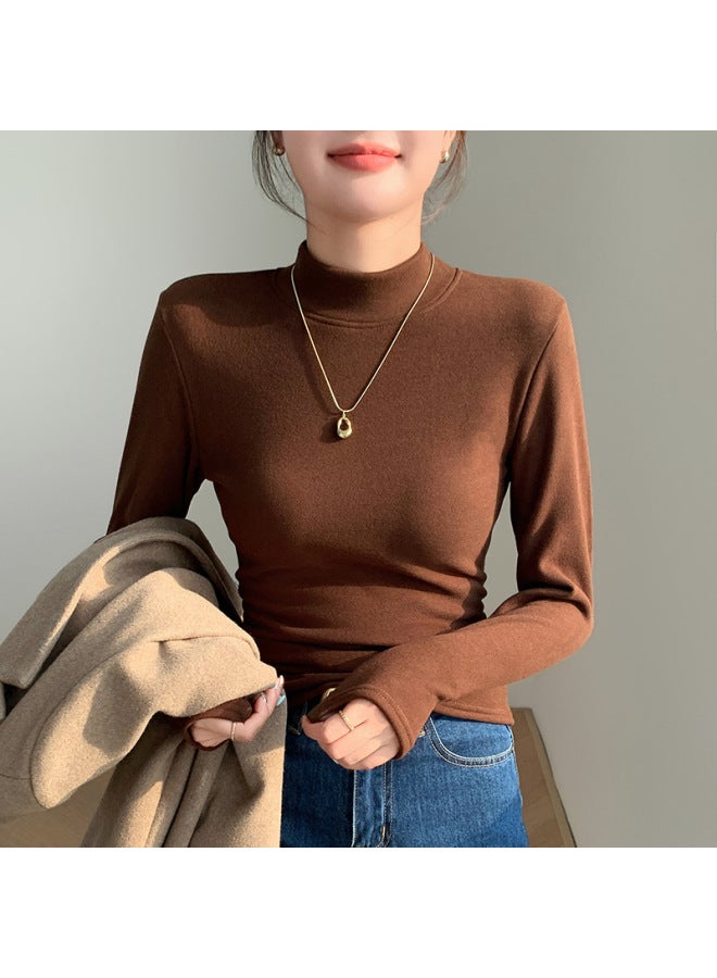 Half Turtleneck Wool Base Layer Women's Autumn Winter Fleece-lined Thickened Slim Fit Warm Long Sleeve Top