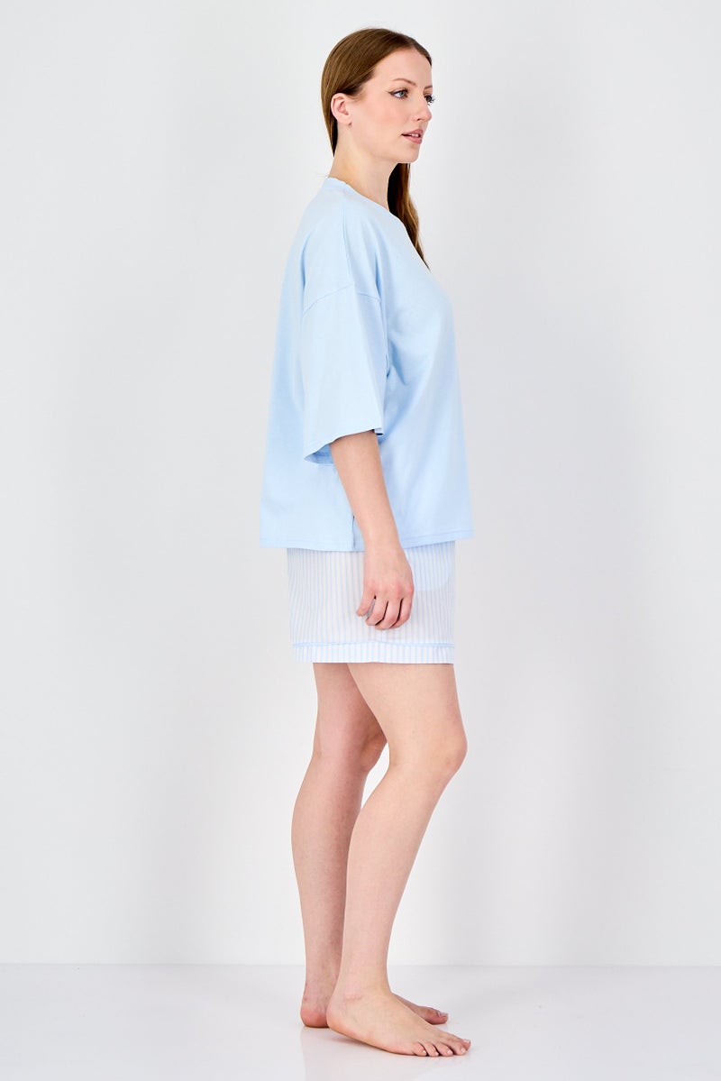 Fudo Lounge By Fudo Women 2 Pieces Stripe Top And Bottom Set, Light Blue - Image 2