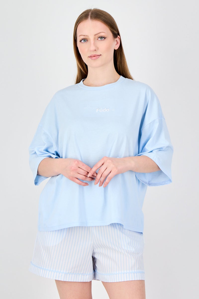 Fudo Lounge By Fudo Women 2 Pieces Stripe Top And Bottom Set, Light Blue - Image 1