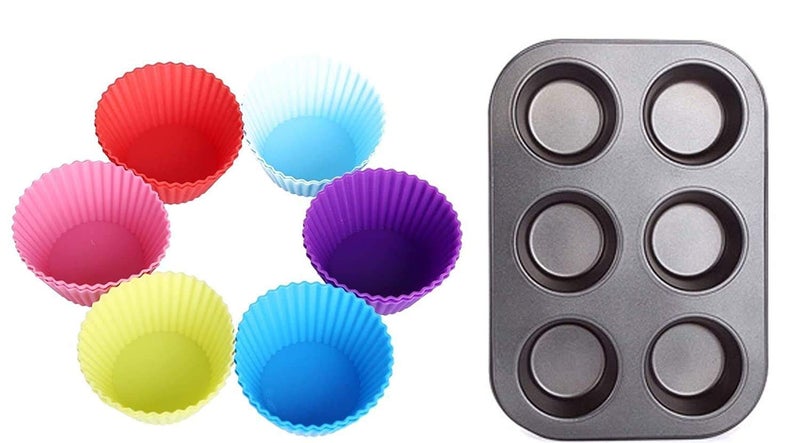 Xacton Combo Of 6 Slot Muffins Tray With 6 Pcs Paper Cake Cup Liners | Cupcake Cases | Round Shape Baking Cups | Reusable Silicone | For Handmade Soap, Biscuit Chocolate Multicolor - Multicolour - Image 1