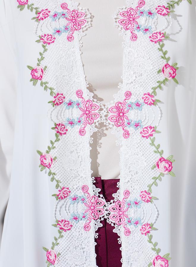 Amirah White Lace Embroidered Open Front Abaya - Image 4