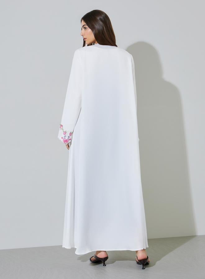 Amirah White Lace Embroidered Open Front Abaya - Image 3