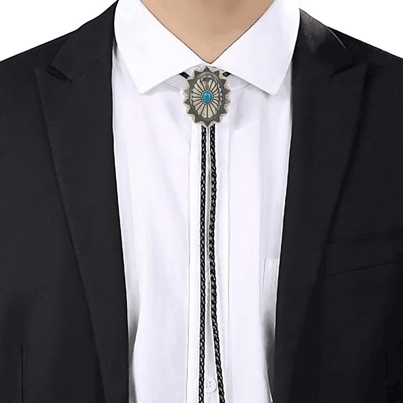 FGSS Vintage-Turquoise Oval-Bolo-Tie for Men - Western Cowboy Bola Necktie Retro Leather Necklace for Men Women - Image 5