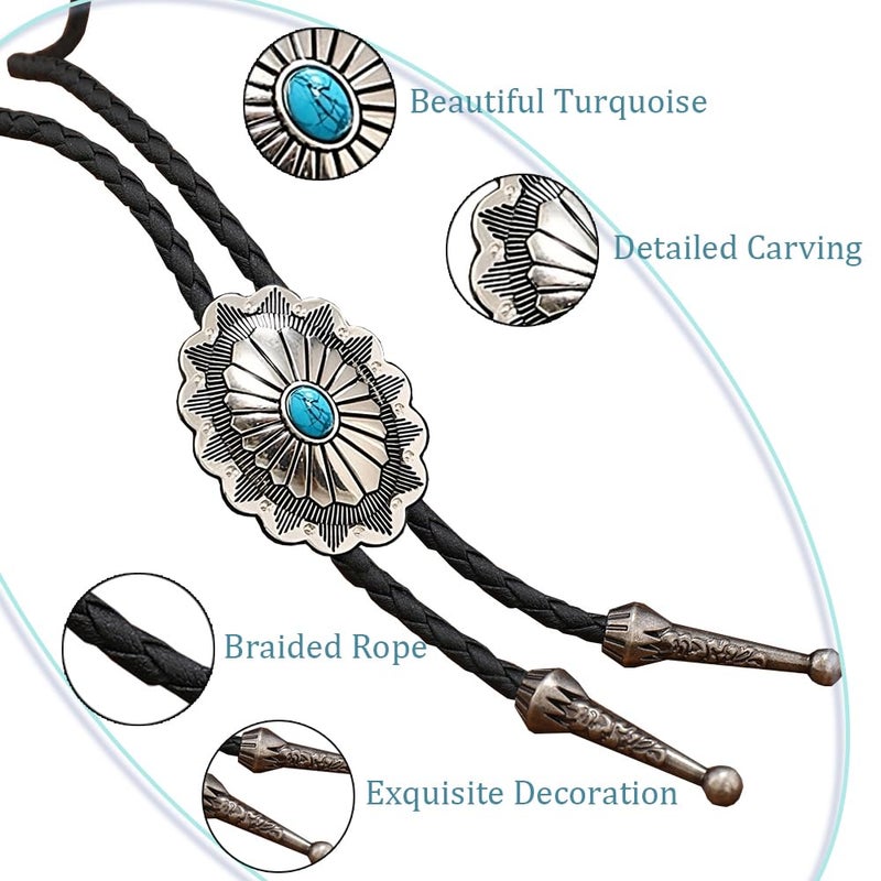 FGSS Vintage-Turquoise Oval-Bolo-Tie for Men - Western Cowboy Bola Necktie Retro Leather Necklace for Men Women - Image 4