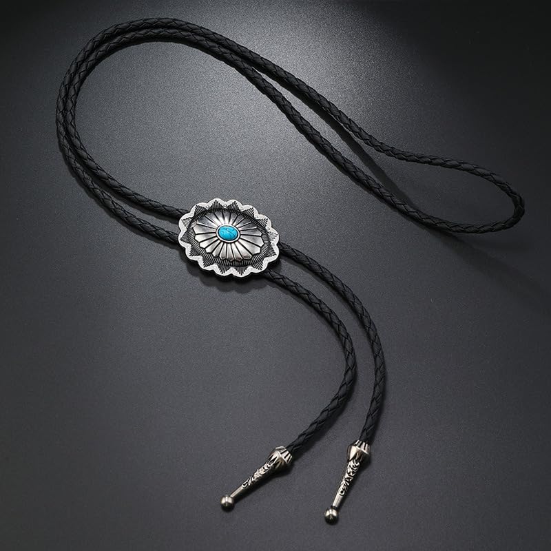 FGSS Vintage-Turquoise Oval-Bolo-Tie for Men - Western Cowboy Bola Necktie Retro Leather Necklace for Men Women - Image 3