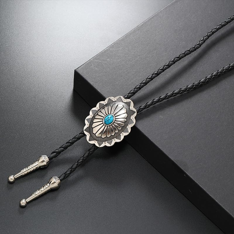 FGSS Vintage-Turquoise Oval-Bolo-Tie for Men - Western Cowboy Bola Necktie Retro Leather Necklace for Men Women - Image 2