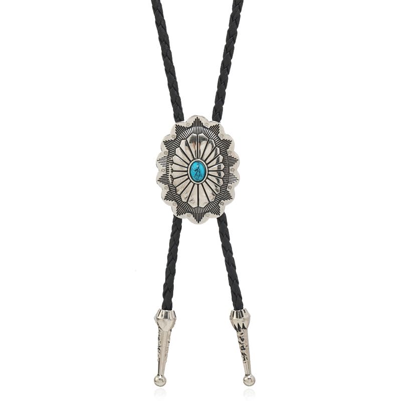 FGSS Vintage-Turquoise Oval-Bolo-Tie for Men - Western Cowboy Bola Necktie Retro Leather Necklace for Men Women - Image 1