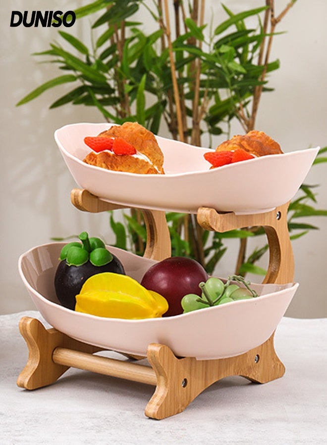 DUNISO سلة فواكه بطبقتين وعاء فواكه للمطبخ وعاء تخزين فواكه أنيق يدوم طويلاً أطباق تقديم فاخرة لتقديم الوجبات الخفيفة صواني تقديم للحلويات مجموعة أطباق بيضاوية مع حامل طبيعي مجموعة صواني تقديم متعددة الطبقات للفواكه والخضروات - Image 1