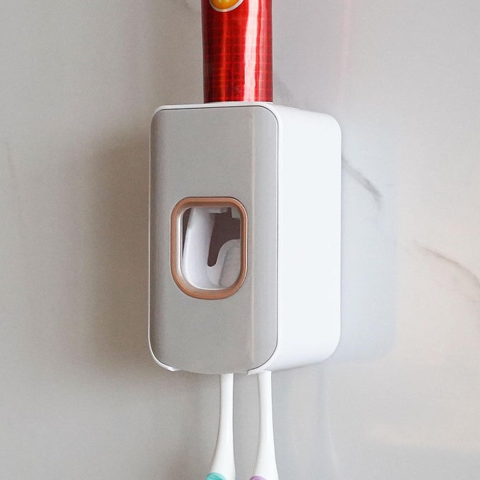 2 SLOT TOOTHBRUSH HOLDER AND TOOTHPASTE DISPENSER WALL MOUNTED AUTOMATIC TOOTHPASTE SQUEEZER 2 IN 1 TOOTH BRUSH TOOTHPASTE ORGANIZER FOR SHOWER LIGHT GREY