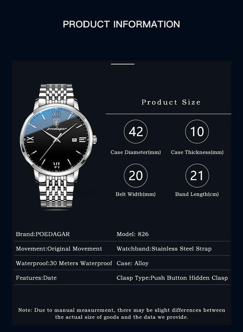 Watch For Men Stainless Steel Quartz Luminous Water Resistant Watch