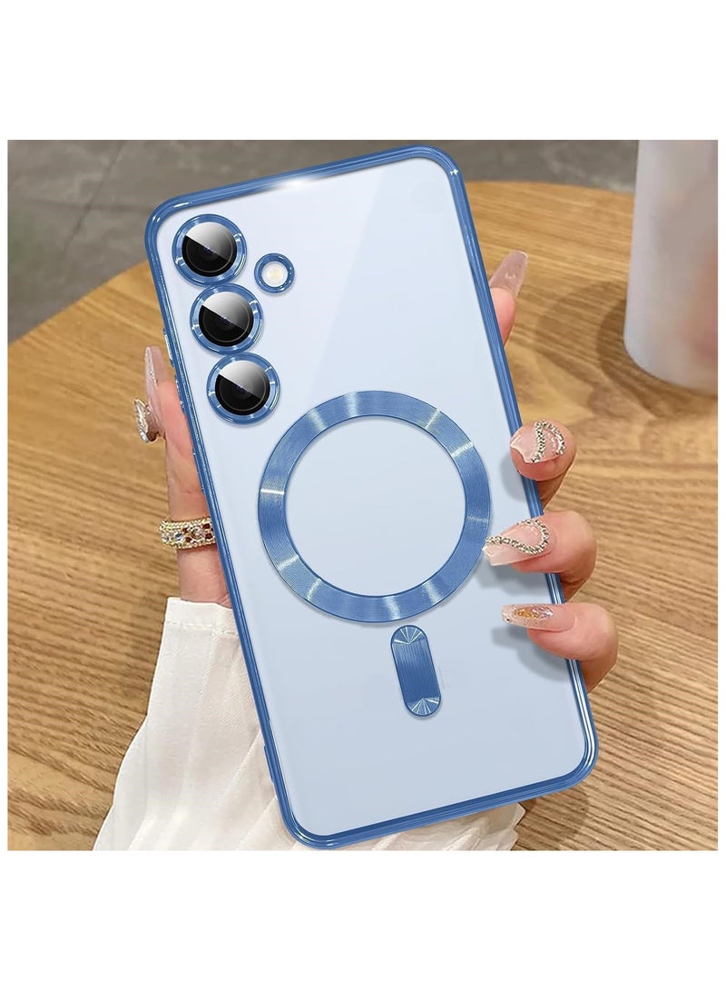 جراب سامسونج a16 حماية مغناطيسي شفاف ضد الصدمات يدعم الشحن اللاسلكي ماجسيف لا يصفر مزود ب عدسات حماية للكاميرا لهاتف samsung a16 - لون ازرق