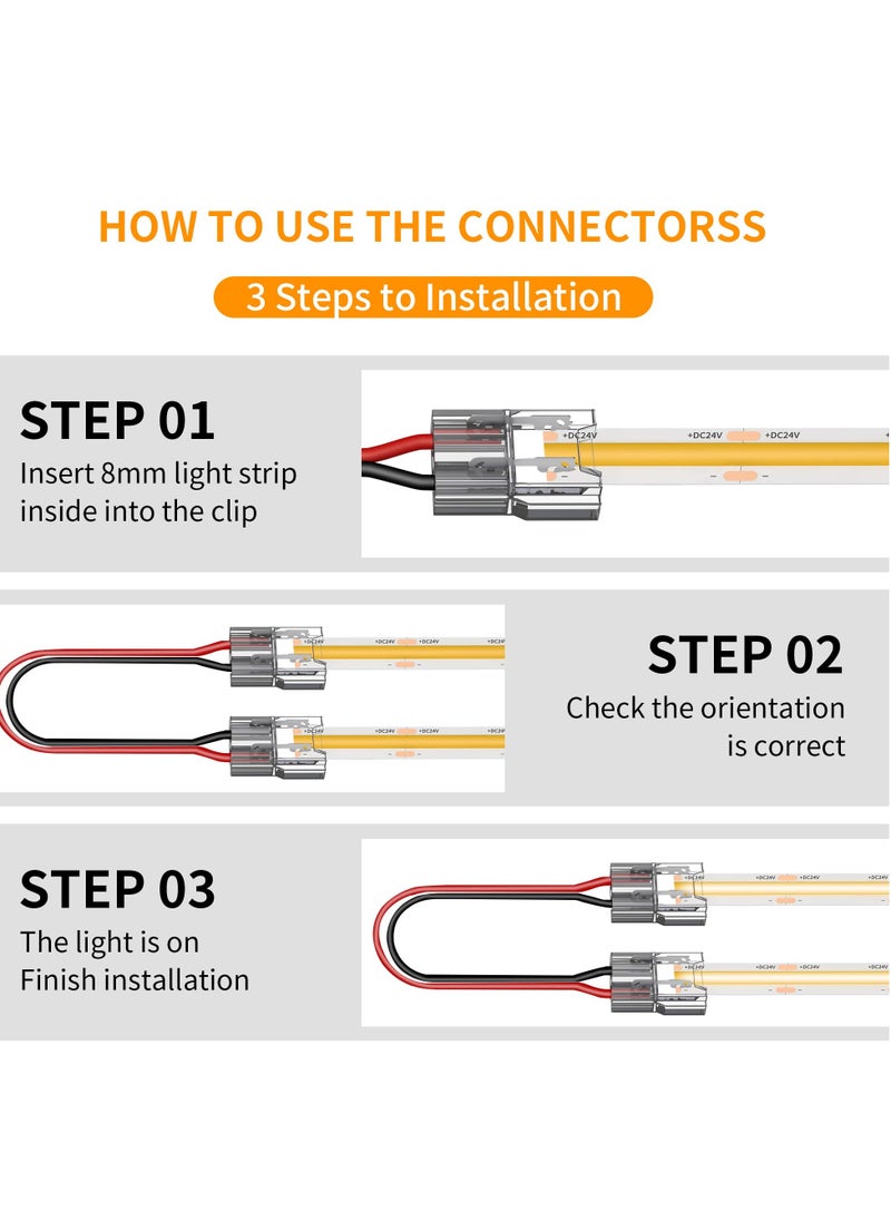 SYOSI - 20 Pack COB LED Connectors, 2 Pin 8mm Solderless Snap Connectors, 15cm Double Headed for Low Voltage Single Color Light Strips, Ideal for DIY COB SMD - Image 1