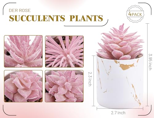 Der Rose 4 Packs Fake Succulents Plants Artificial Indoor for Pink Room Bathroom Decor Office Desk Accessories for Women - Image 2