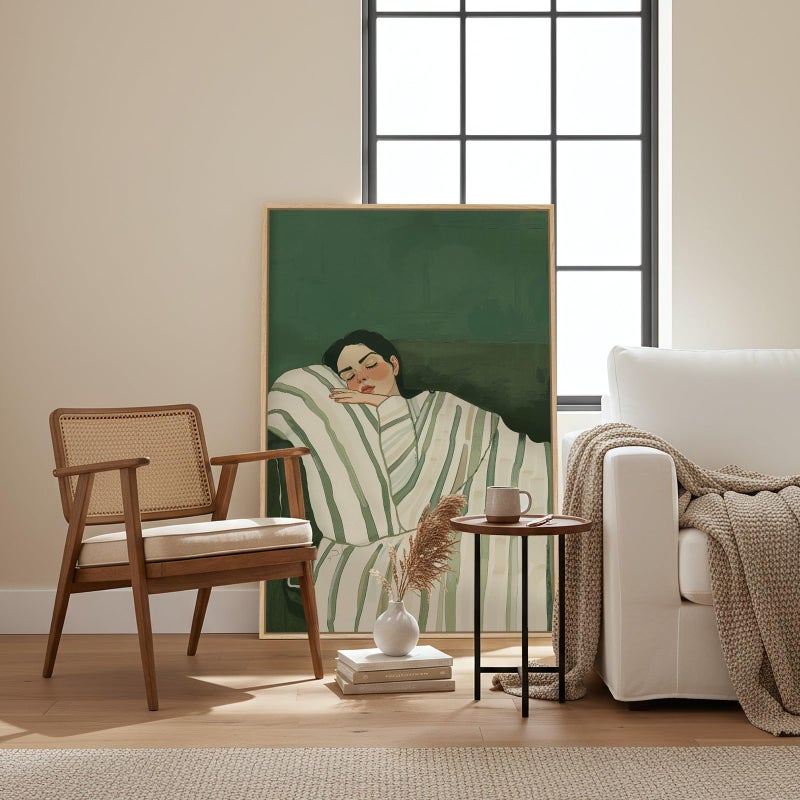 Cuspin Framed Woman Bedroom Wall Art, Large Cozy Woman Canvas Painting for Room Decor, Relaxing Minimalist Artwork for Walls, Green Picture Print for Nursery Guest Room Hallway Wall Art Decor, 24x36 Inch - Image 3