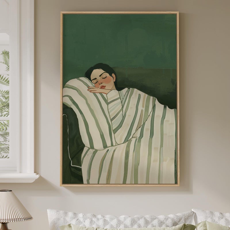 Cuspin Framed Woman Bedroom Wall Art, Large Cozy Woman Canvas Painting for Room Decor, Relaxing Minimalist Artwork for Walls, Green Picture Print for Nursery Guest Room Hallway Wall Art Decor, 24x36 Inch - Image 1
