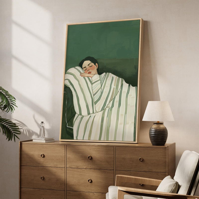 Cuspin Framed Woman Bedroom Wall Art, Large Cozy Woman Canvas Painting for Room Decor, Relaxing Minimalist Artwork for Walls, Green Picture Print for Nursery Guest Room Hallway Wall Art Decor, 24x36 Inch - Image 2