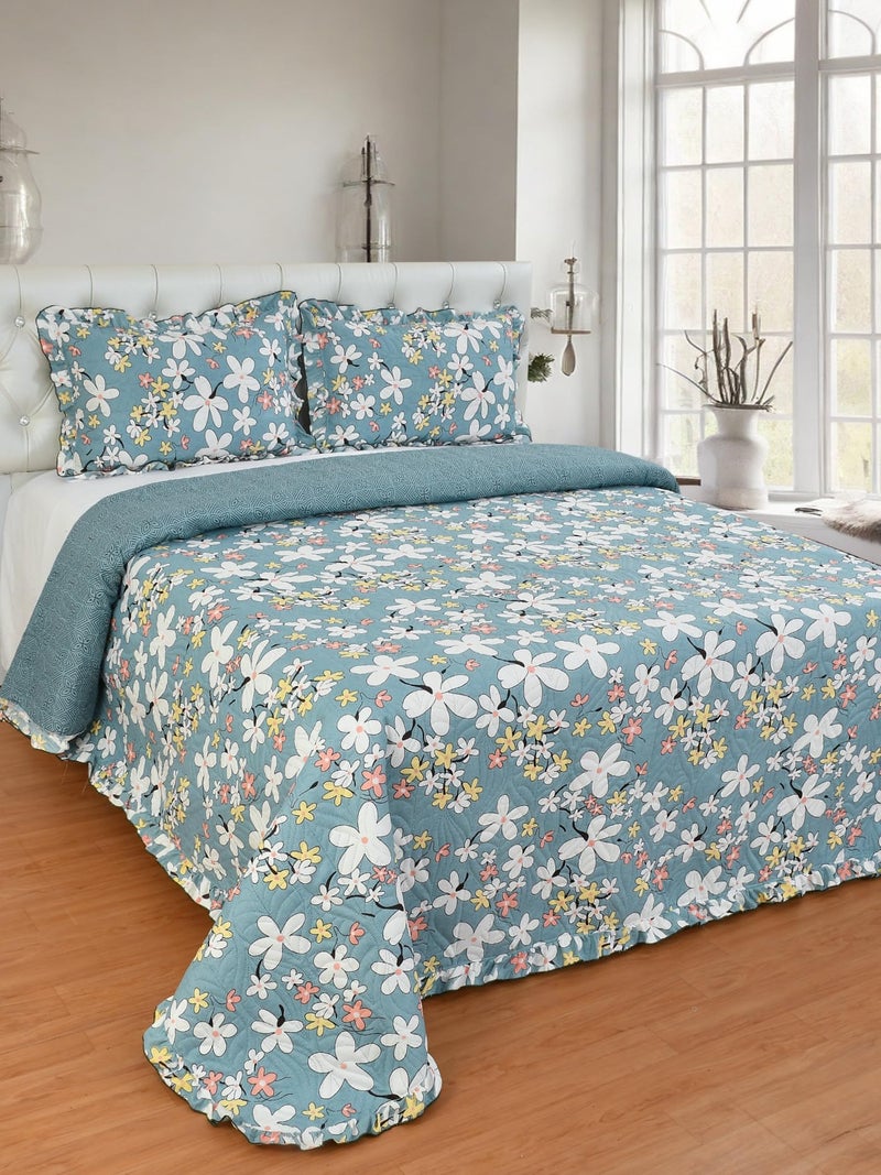 MORADO® Ultrasonic Quilted Bedsheet for Double Bed (90x100 Inches) with 2 Pillow Covers | Floral Glace Cotton Bedcover 3 Pcs Set with Frill & Lace | 280 TC, All-Season Use | Blue - Image 1