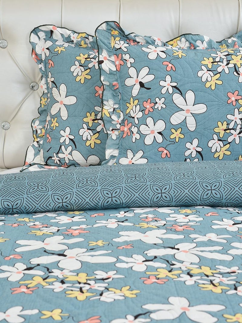 MORADO® Ultrasonic Quilted Bedsheet for Double Bed (90x100 Inches) with 2 Pillow Covers | Floral Glace Cotton Bedcover 3 Pcs Set with Frill & Lace | 280 TC, All-Season Use | Blue - Image 2