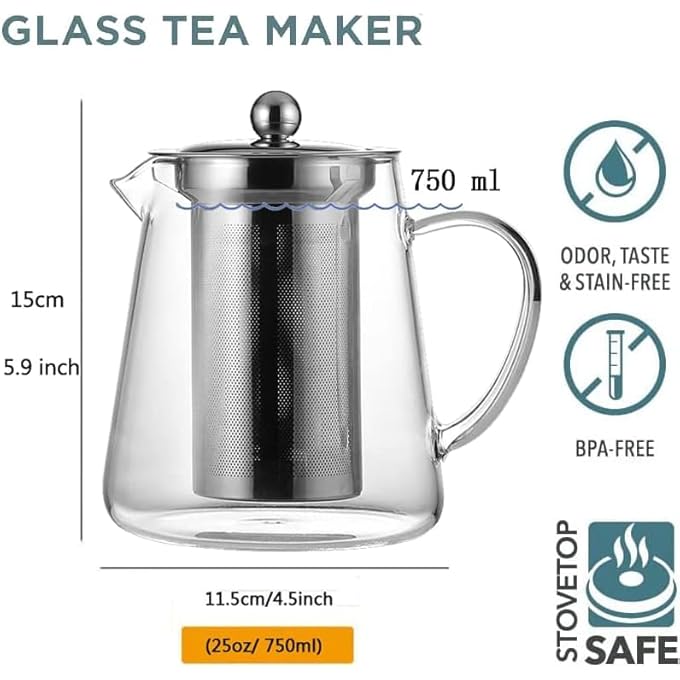 ريحني إبريق شاي زجاجي مع غطاء من الفولاذ المقاوم للصدأ بنفخ من الفولاذ المقاوم للصدأ غلاية شاي زجاجية بوروسيليكات على الموقد آمن لفتح إبريق شاي بأوراق سائبة 950 مل - Image 5