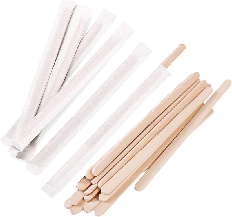 Gmark 5.5" Premium Wood Stirrer 2.3mm Thick Individual Wrapped 100 pc - Wood Coffee Stir Sticks for Tea Beverage, Corn Dog Stick Craft Stick 100/Bag GM1115C - Image 1
