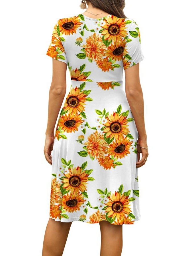 WEACZZY Summer Dress for Women Casual Short Sleeve Sundress Wrap V-Neck Party Dress with Pockets, Floral Sunflower White, X-Large, Sunflower White, XL - Image 4