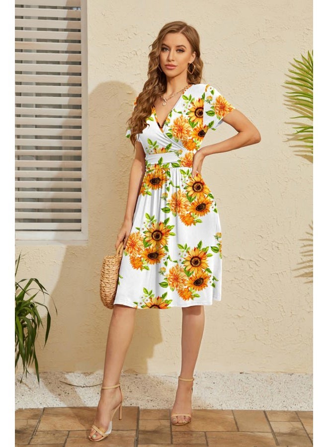 WEACZZY Summer Dress for Women Casual Short Sleeve Sundress Wrap V-Neck Party Dress with Pockets, Floral Sunflower White, X-Large, Sunflower White, XL - Image 3