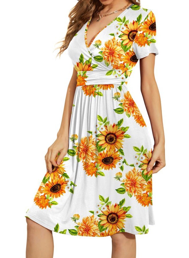 WEACZZY Summer Dress for Women Casual Short Sleeve Sundress Wrap V-Neck Party Dress with Pockets, Floral Sunflower White, X-Large, Sunflower White, XL - Image 2
