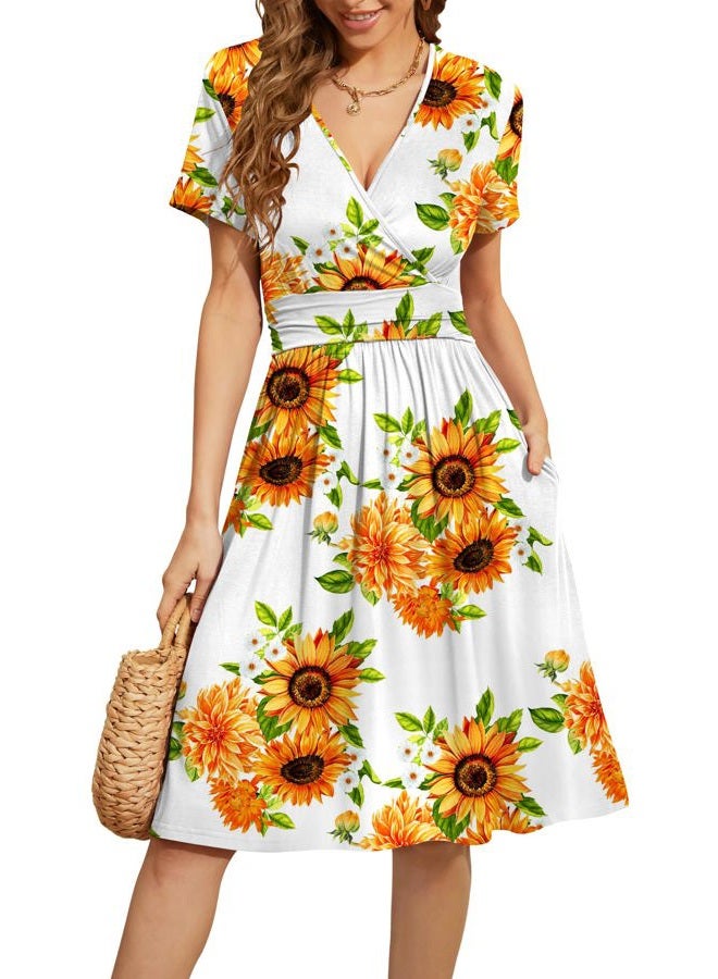 WEACZZY Summer Dress for Women Casual Short Sleeve Sundress Wrap V-Neck Party Dress with Pockets, Floral Sunflower White, X-Large, Sunflower White, XL - Image 1