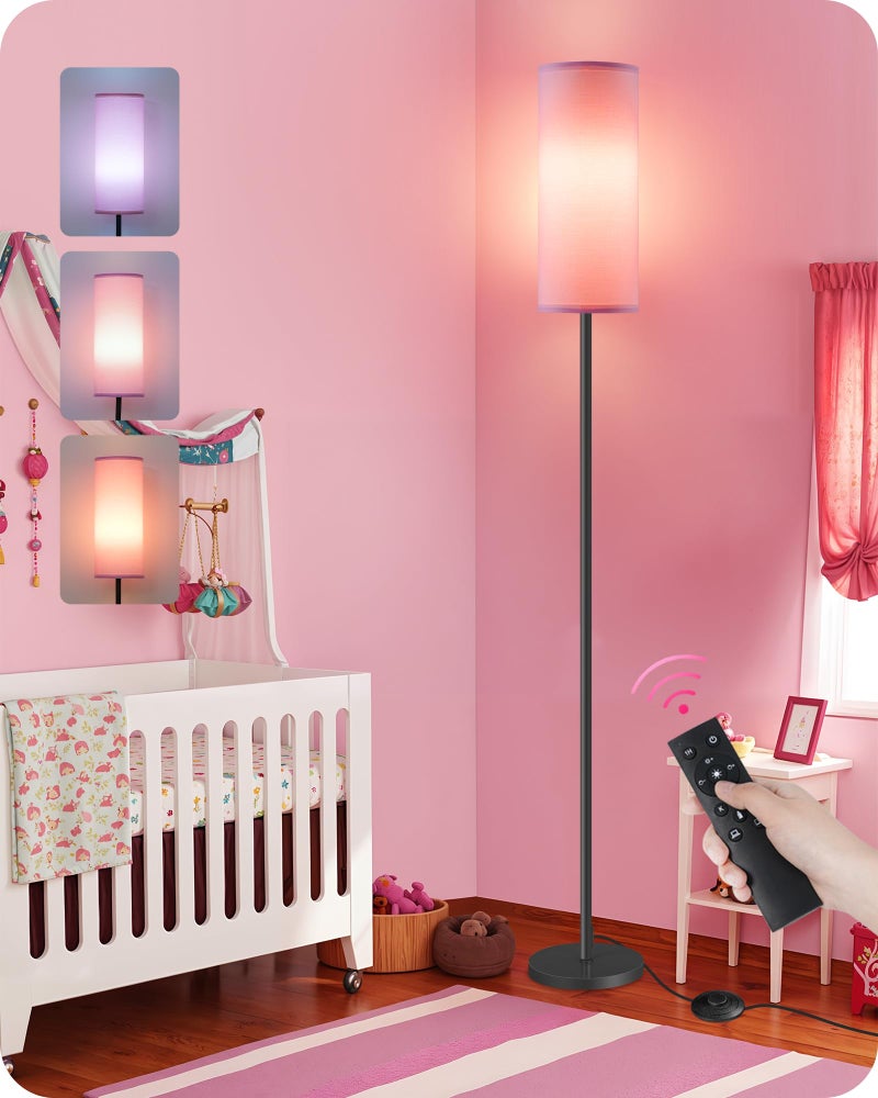 GOEBLESON Dimmable Pink Floor Lamp for Living Room with Remote and Foot Switch, Corner Floor Lamp for Bedroom, 64.4" Standing Tall Lamp, 10W 900LM Bulb Included, 3000K-6500K, Linen Shade, FCC Listed P06LD05W1 - Image 1