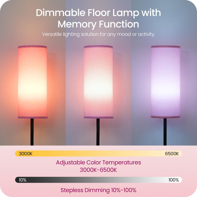GOEBLESON Dimmable Pink Floor Lamp for Living Room with Remote and Foot Switch, Corner Floor Lamp for Bedroom, 64.4" Standing Tall Lamp, 10W 900LM Bulb Included, 3000K-6500K, Linen Shade, FCC Listed P06LD05W1 - Image 3