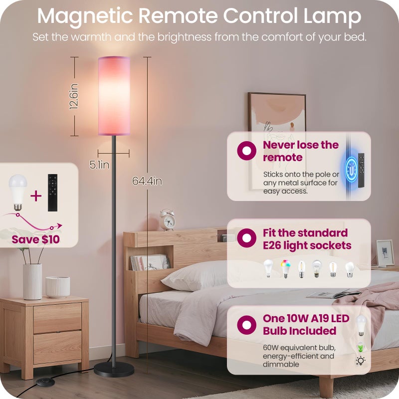 GOEBLESON Dimmable Pink Floor Lamp for Living Room with Remote and Foot Switch, Corner Floor Lamp for Bedroom, 64.4" Standing Tall Lamp, 10W 900LM Bulb Included, 3000K-6500K, Linen Shade, FCC Listed P06LD05W1 - Image 2
