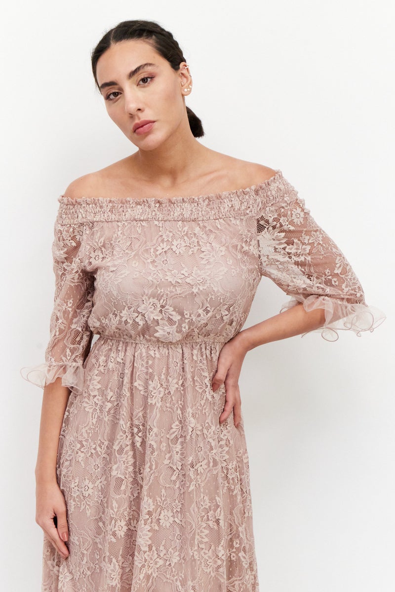 VERO MODA فستان ميدي منقوش للنساء، خوخي - Image 4