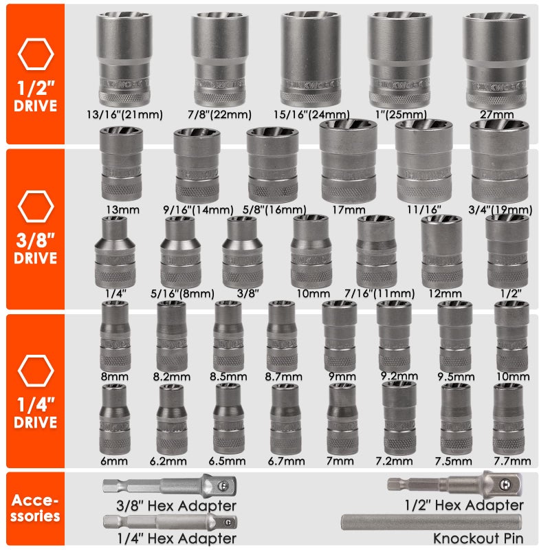THINKWORK Bolt Extractor Set, 54 Pieces Easy Out Screw Extractor Set, Stripped Lug Nut Remover for Removing Damaged, Frozen, Rusted, Rounded-Off Bolts, Nuts & Screws - Image 4