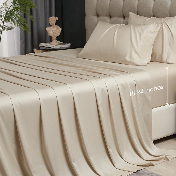KING SIZE BAMBOO RAYON SHEET SET DEEP POCKET FITS 1824 MATTRESS LUXURY SILKY SOFT COOLING BED SHEETS BEIGE