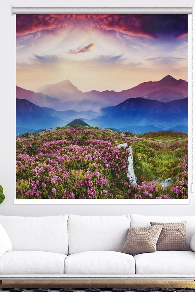 Sun and heat insulating roller blinds with sunrise image, width 150 cm, height 200 cm