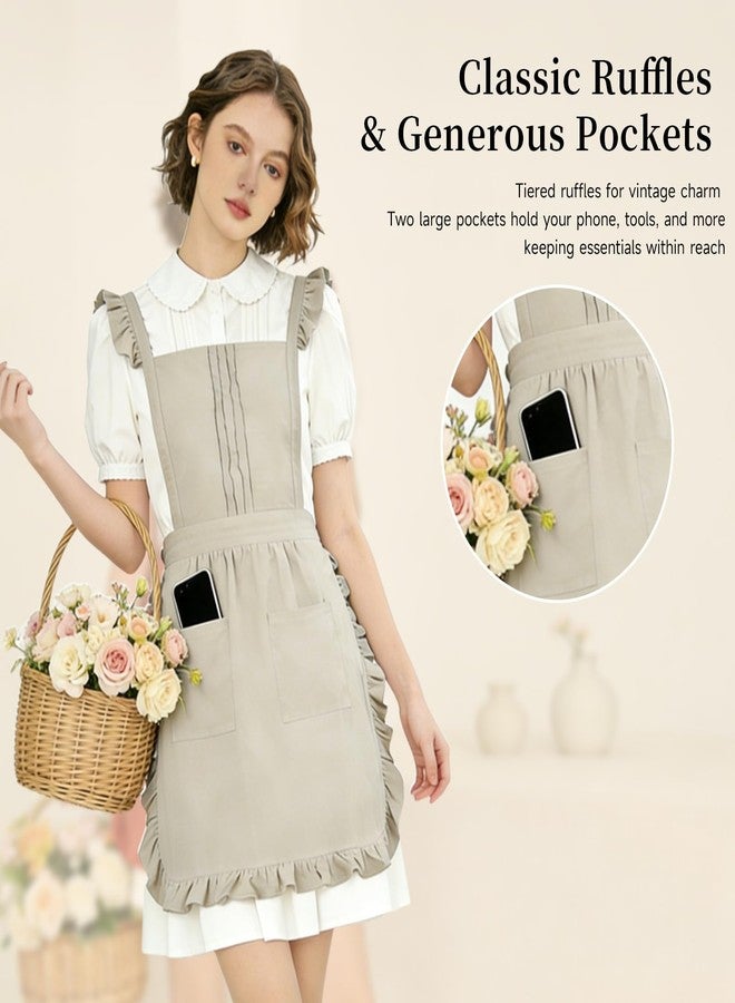 ARBINSON Vintage Ruffle Apron for Women with Pocket, Frilly Kitchen Cooking Waitress Maid Costume Skirt Style（Beige） - Image 3