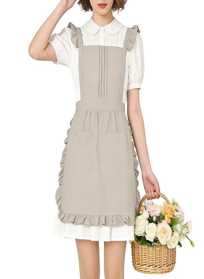 ARBINSON Vintage Ruffle Apron for Women with Pocket, Frilly Kitchen Cooking Waitress Maid Costume Skirt Style（Beige） - Image 1