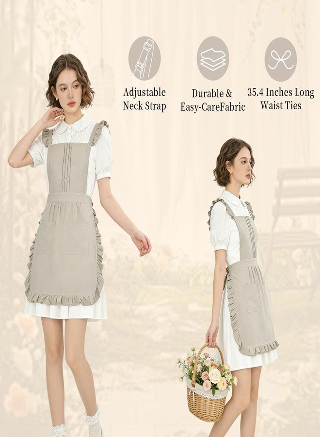 ARBINSON Vintage Ruffle Apron for Women with Pocket, Frilly Kitchen Cooking Waitress Maid Costume Skirt Style（Beige） - Image 2