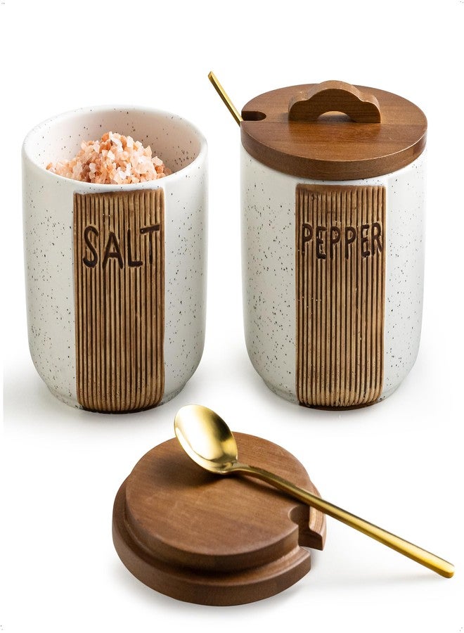 YHOJOY Salt and Pepper Bowl Ceramic, 10 Oz Salt and Pepper Cellar with Lid and Spoon, Farmhouse Salt Containers for Countertop, White - Image 1