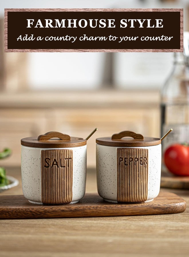 YHOJOY Salt and Pepper Bowl Ceramic, 10 Oz Salt and Pepper Cellar with Lid and Spoon, Farmhouse Salt Containers for Countertop, White - Image 3