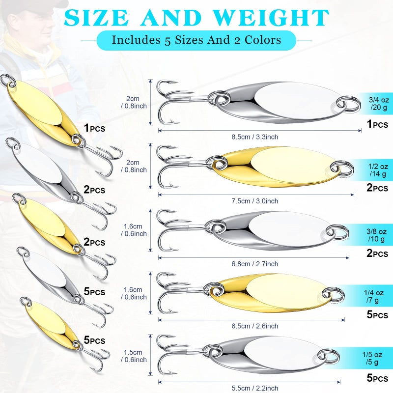 BBTO 30 Pieces Fishing Spoons Lures, Treble Hooks Fishing Spoons Hard Metal Spoon Lures Spoons Gold Silver for Huge Distance Cast Saltwater Freshwater Fishing in 1/5 oz 1/4 oz 3/8 oz 1/2 oz 3/4 oz - Image 2