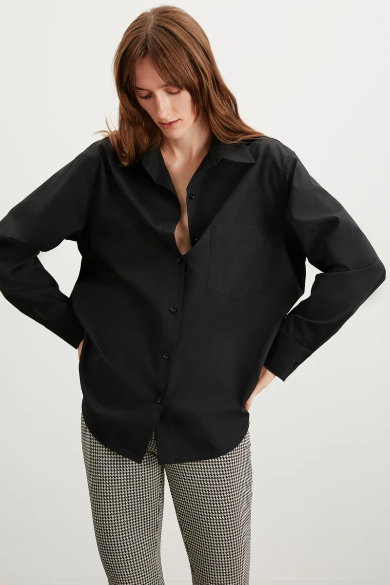 GRIMELANGE Celia Women's 100% Cotton Oversize Single Pocket Long Black Shirt