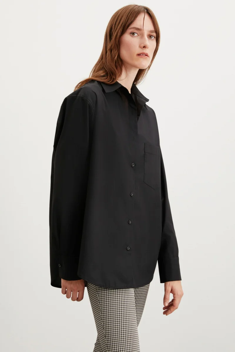 GRIMELANGE Celia Women's 100% Cotton Oversize Single Pocket Long Black Shirt
